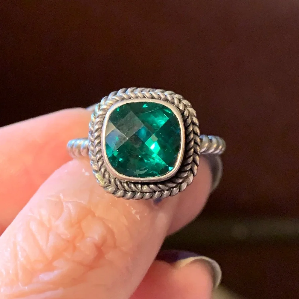VINTAGE GREEN QUARTZ 925 STERLING SILVER TWISTED CABLE RING